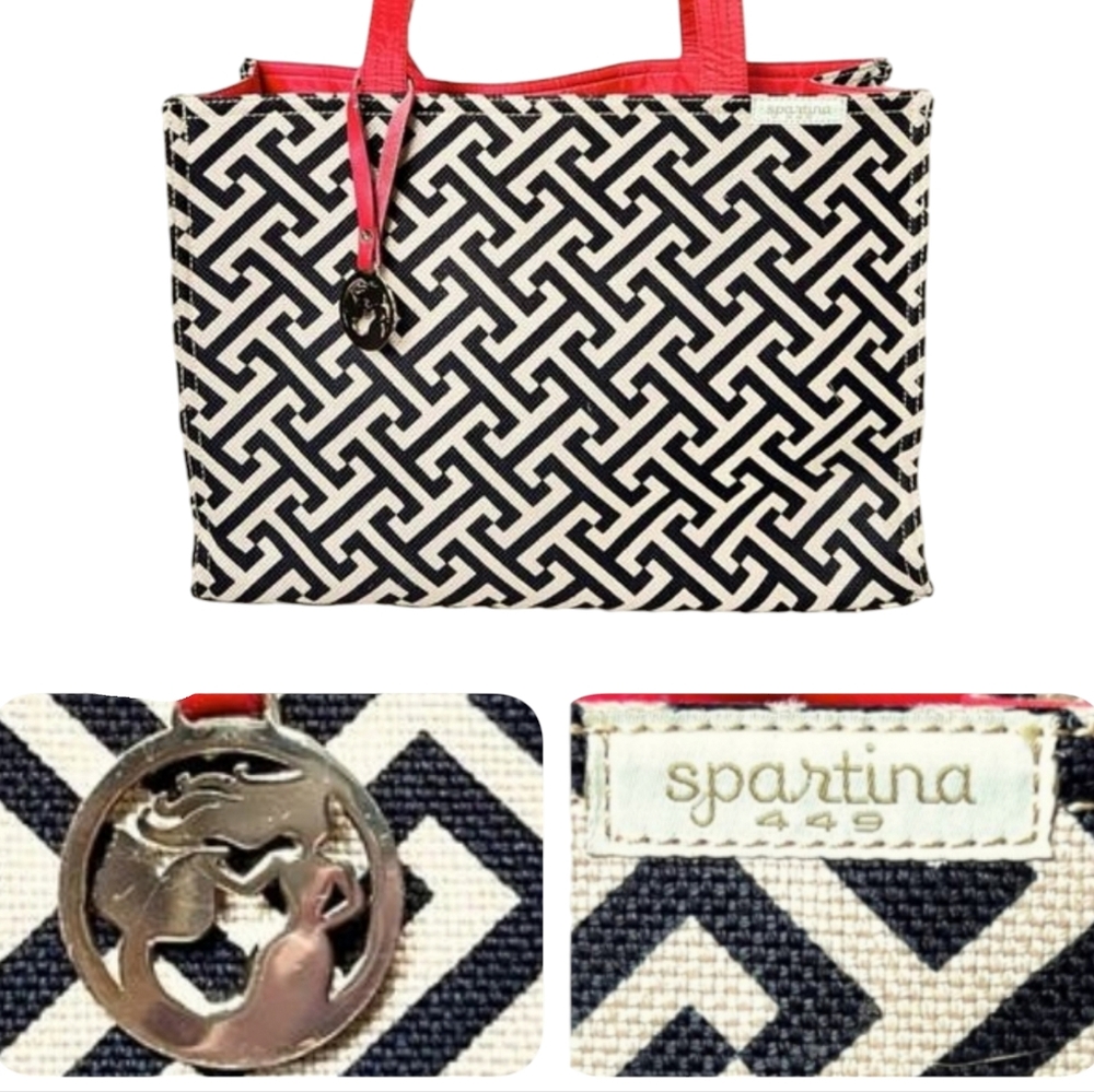 Spartina 449 Callahan Market Linen & Leather Tote, Cream/Black/Red